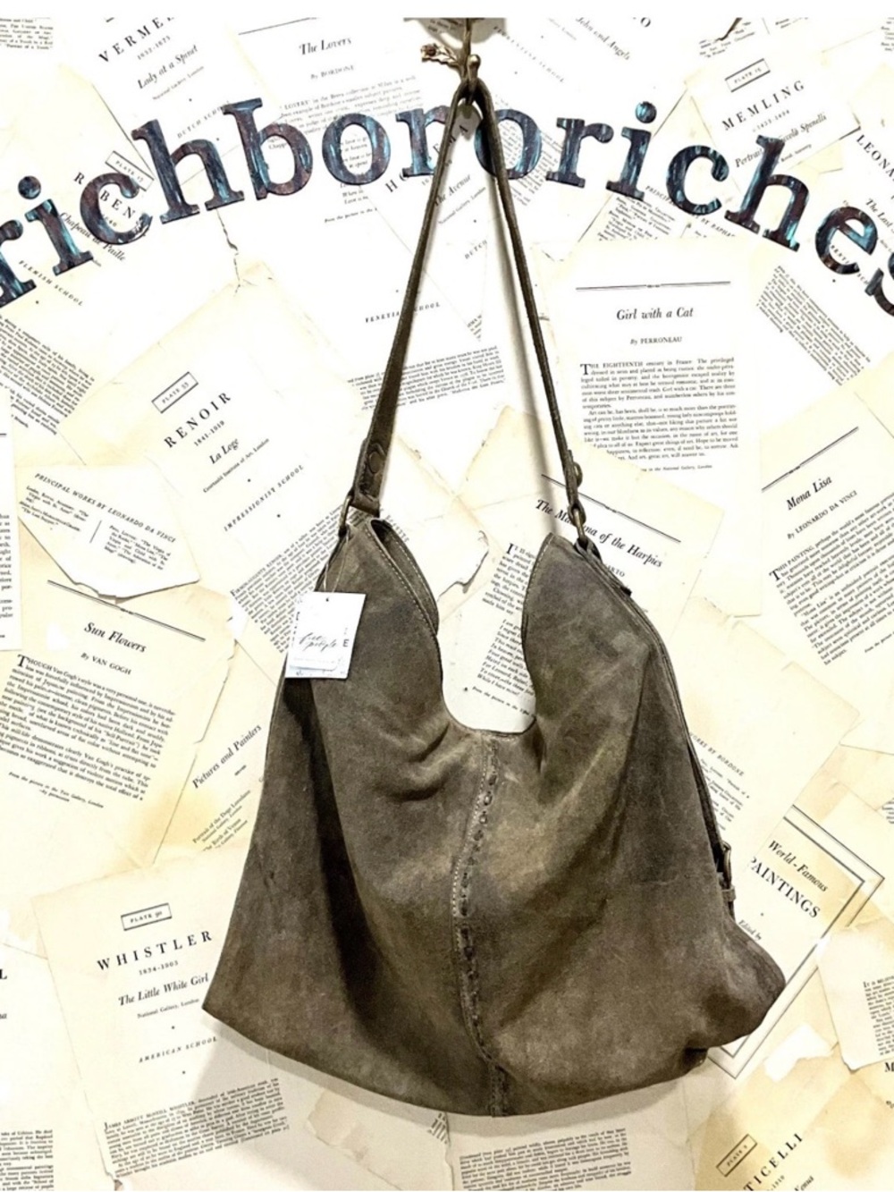 Free People We The Free Distressed Khaki Sandblast Suede Shoulder Bag Bucket - Picture 7 of 13
